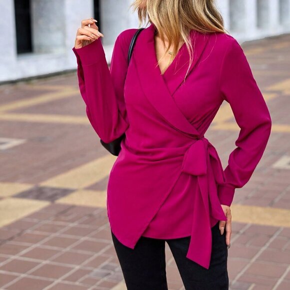 Elegant Women's Shawl Collar Knot Side Wrap Blouse - Picture 5 of 6